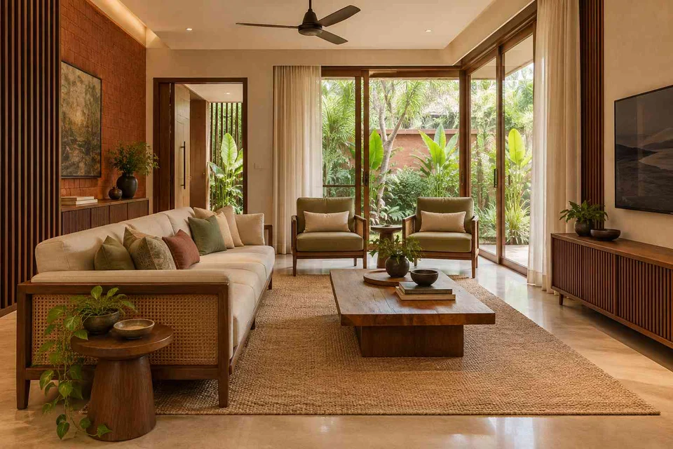AI-generated living room design concept: wraparound window living, malabar timber direction