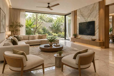 AI-generated living room design concept: wraparound window living, marble restraint direction