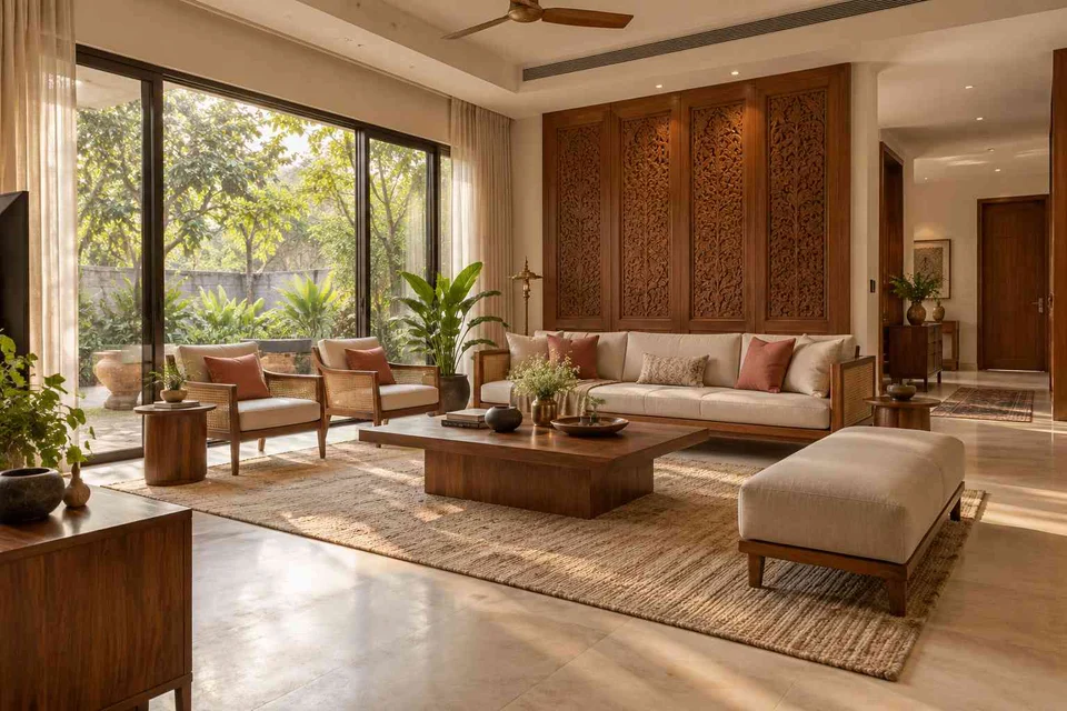 AI-generated living room design concept: wraparound window living, modern carved direction