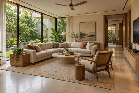 AI-generated living room design concept: wraparound window living, quiet contemporary direction
