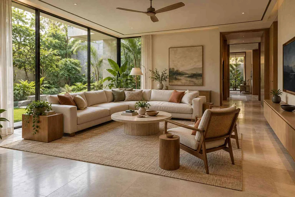 AI-generated living room design concept: wraparound window living, quiet contemporary direction