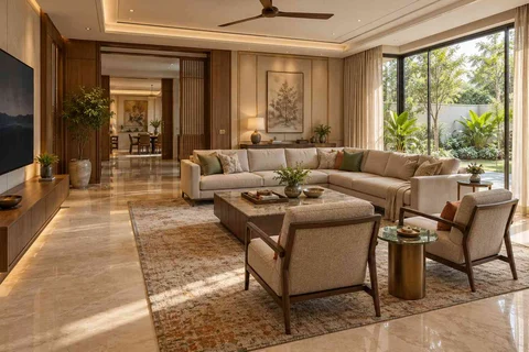 AI-generated living room design concept: wraparound window living, quiet transitional direction