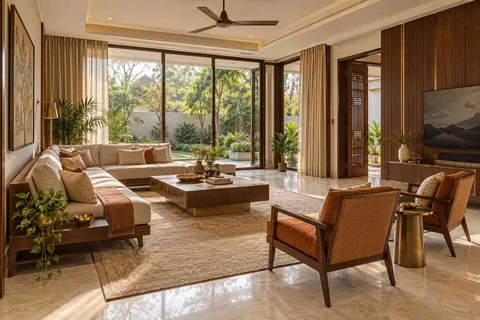 AI-generated living room design concept: wraparound window living, rosewood brass direction