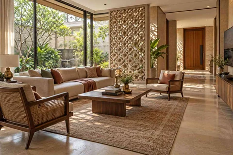 AI-generated living room design concept: wraparound window living, sandstone lattice direction