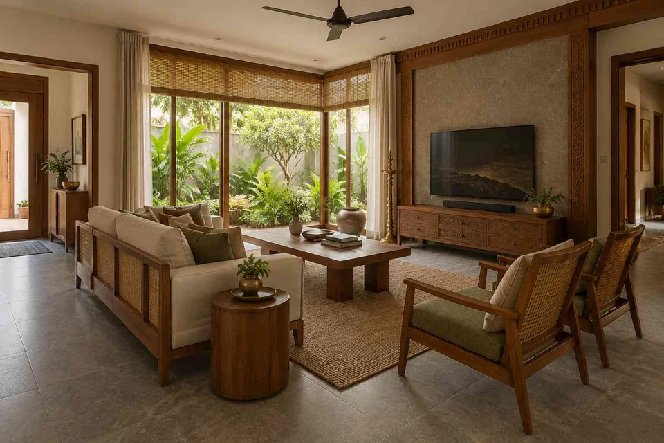 AI-generated living room design concept: wraparound window living, teak craft direction