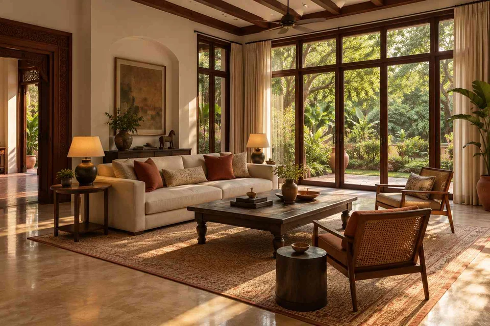 AI-generated living room design concept: wraparound window living, terracotta heritage direction