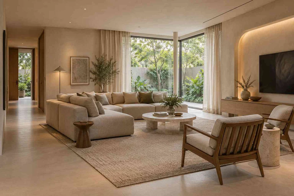 AI-generated living room design concept: wraparound window living, textured mineral direction