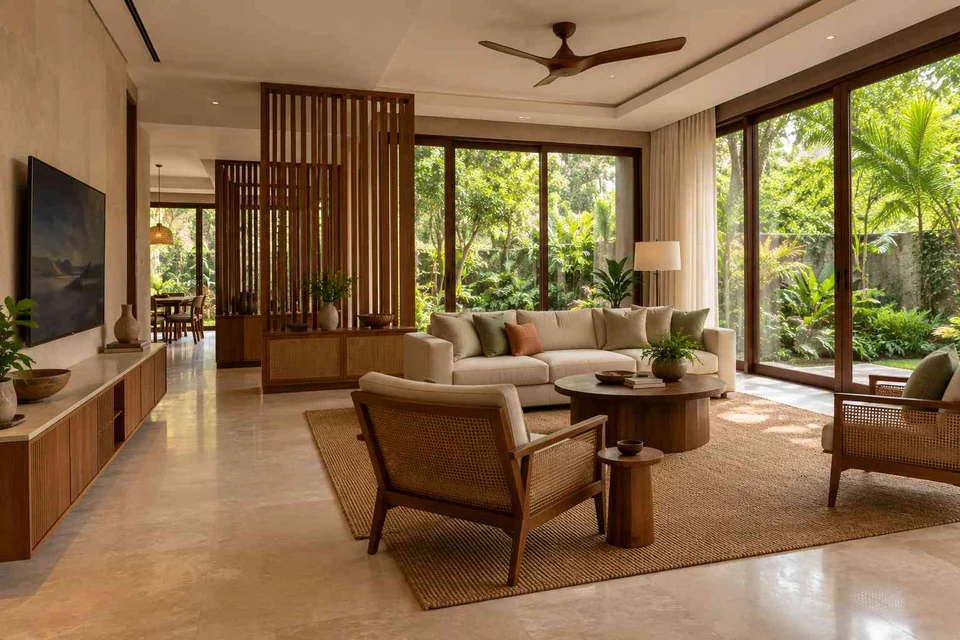 AI-generated living room design concept: wraparound window living, tropical slatted direction
