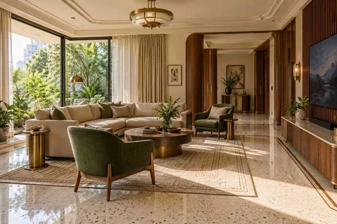 AI-generated living room design concept: wraparound window living, urban deco direction