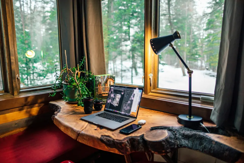 Live-edge timber desk and task lamp at a corner window overlooking trees