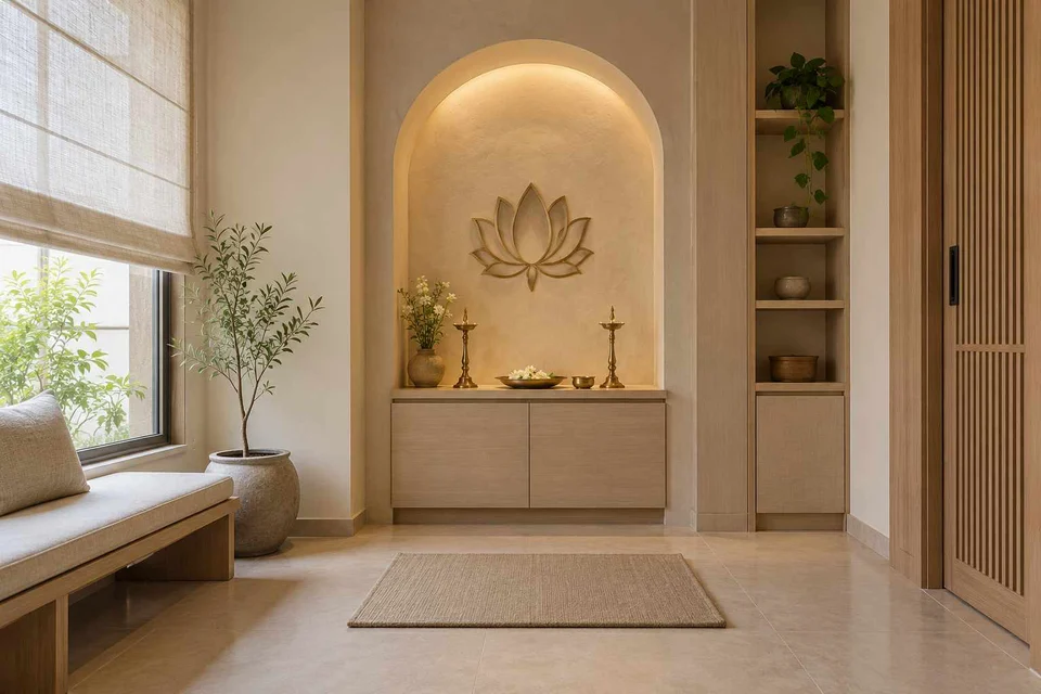 AI-generated puja room design concept: arched wall recess, ash and linen direction