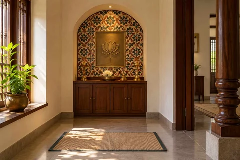 AI-generated puja room design concept: arched wall recess, chettinad tile direction