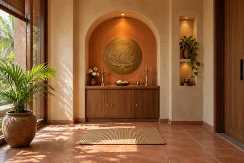 AI-generated puja room design concept: arched wall recess, clay artisan direction