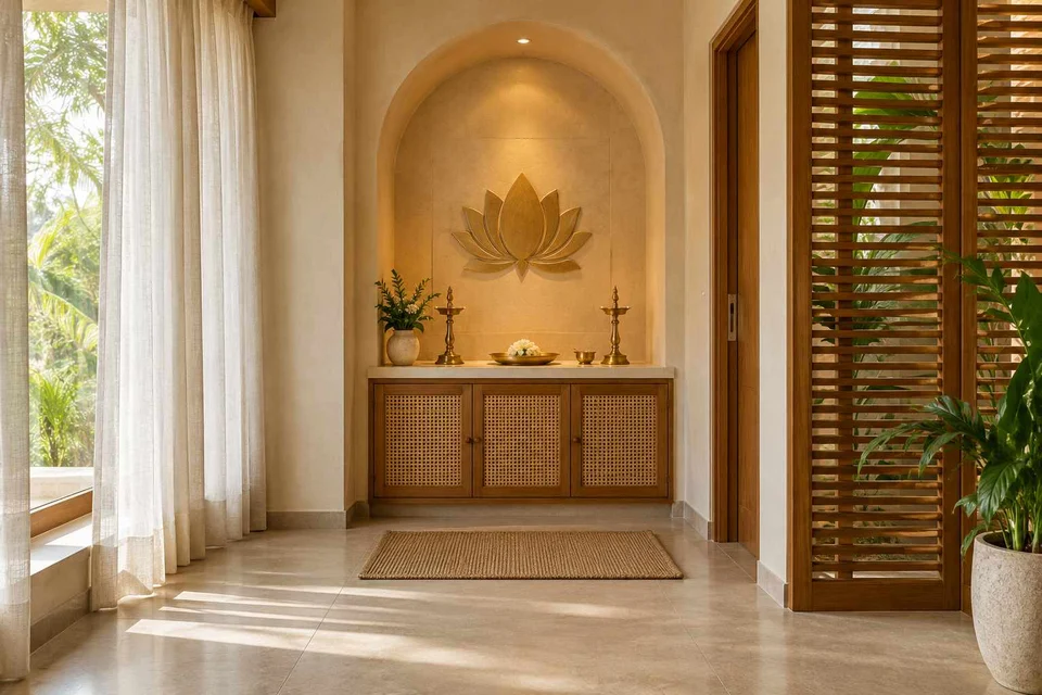 AI-generated puja room design concept: arched wall recess, coastal woven direction