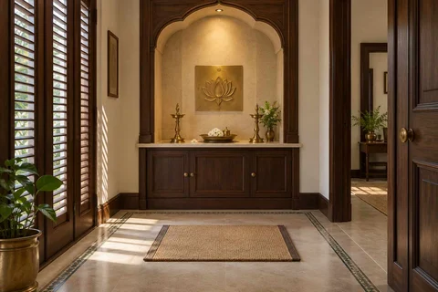 AI-generated puja room design concept: arched wall recess, colonial quiet direction