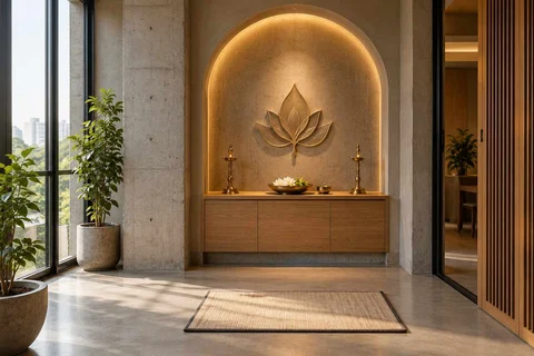 AI-generated puja room design concept: arched wall recess, concrete and oak direction