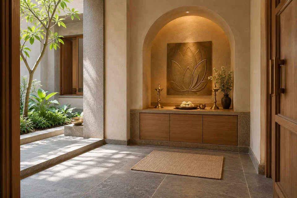 AI-generated puja room design concept: arched wall recess, courtyard modern direction