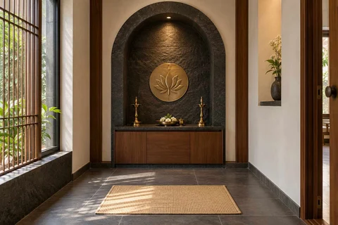 AI-generated puja room design concept: arched wall recess, deccan stone direction