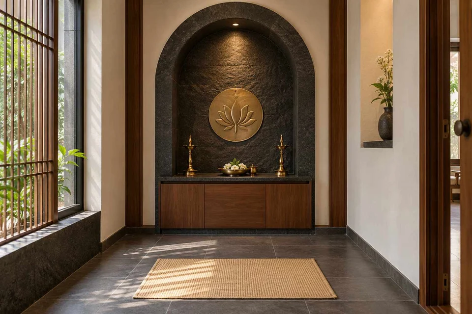 AI-generated puja room design concept: arched wall recess, deccan stone direction