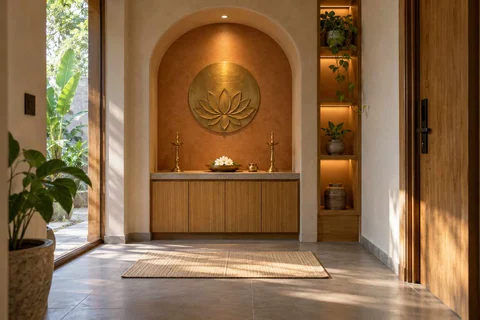AI-generated puja room design concept: arched wall recess, earth and bamboo direction