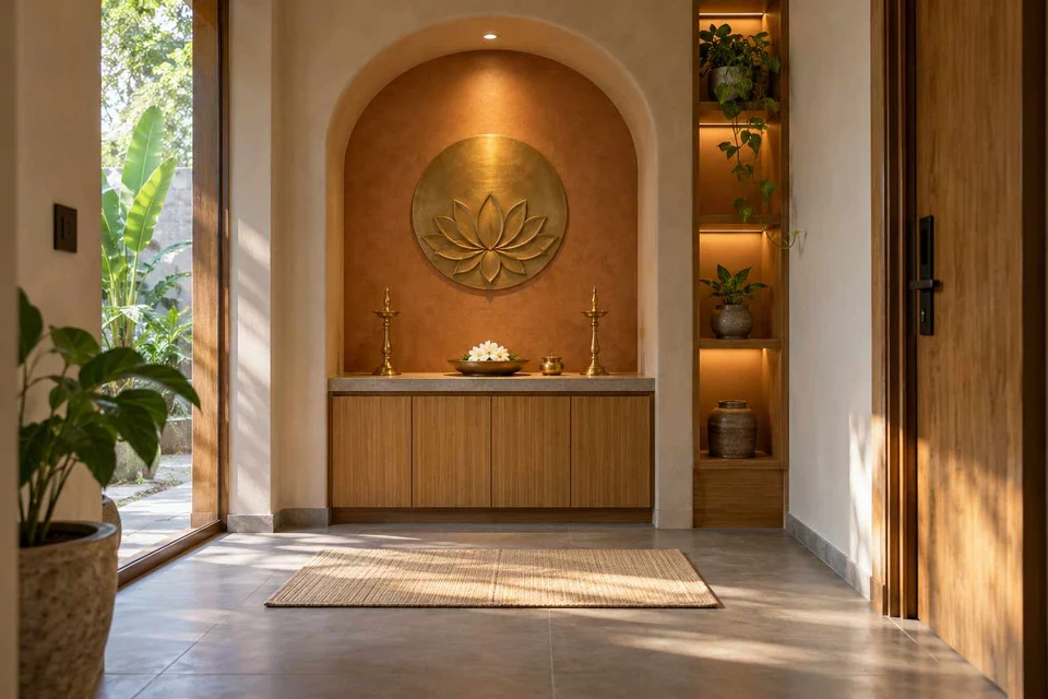 AI-generated puja room design concept: arched wall recess, earth and bamboo direction