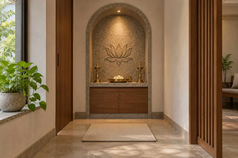 AI-generated puja room design concept: arched wall recess, granite precision direction