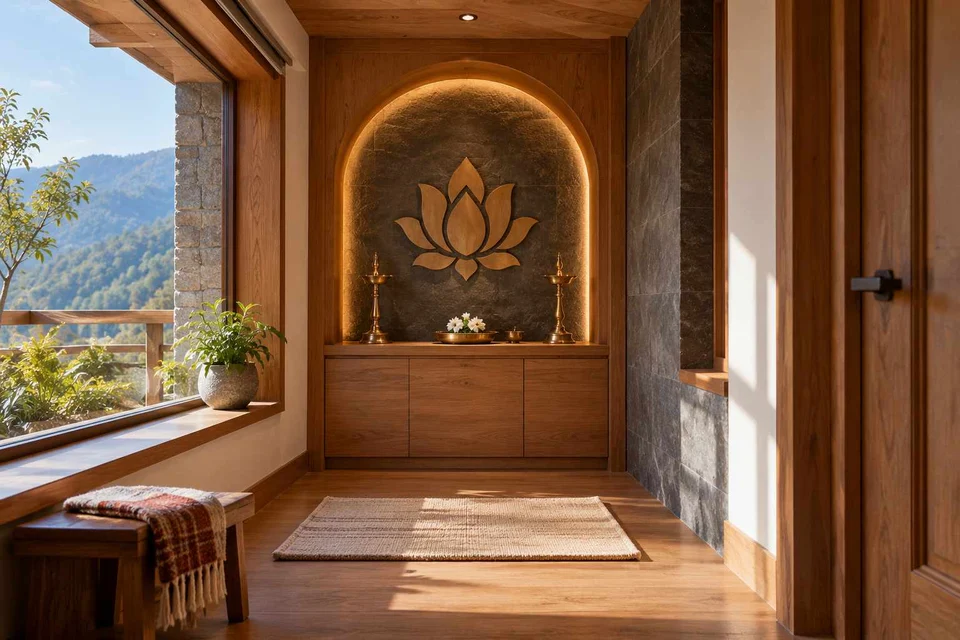 AI-generated puja room design concept: arched wall recess, hill timber direction