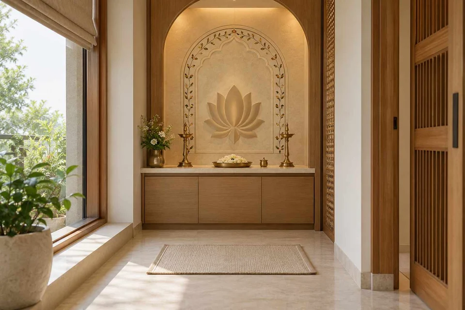 AI-generated puja room design concept: arched wall recess, inlay atelier direction