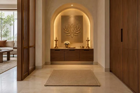 AI-generated puja room design concept: arched wall recess, lime and walnut direction