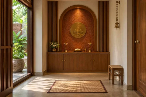 AI-generated puja room design concept: arched wall recess, malabar timber direction