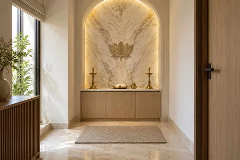 AI-generated puja room design concept: arched wall recess, marble restraint direction