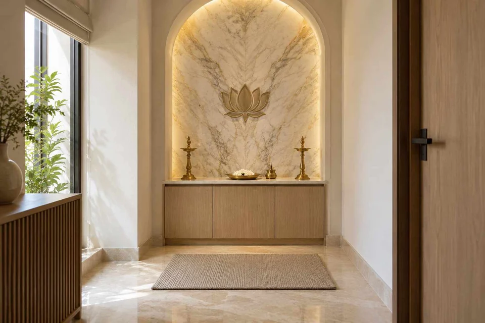 AI-generated puja room design concept: arched wall recess, marble restraint direction