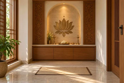 AI-generated puja room design concept: arched wall recess, modern carved direction