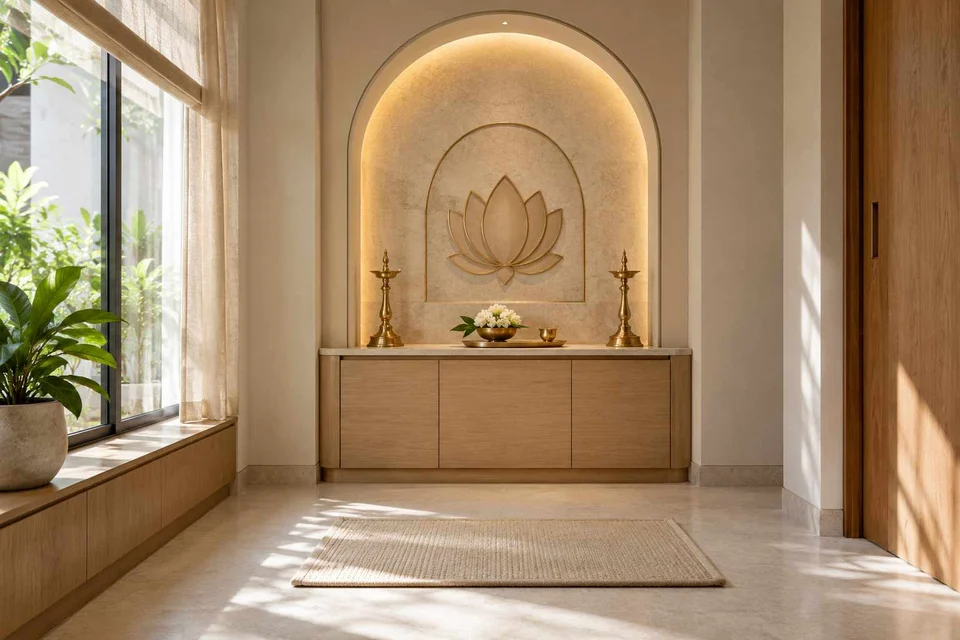 AI-generated puja room design concept: arched wall recess, quiet contemporary direction