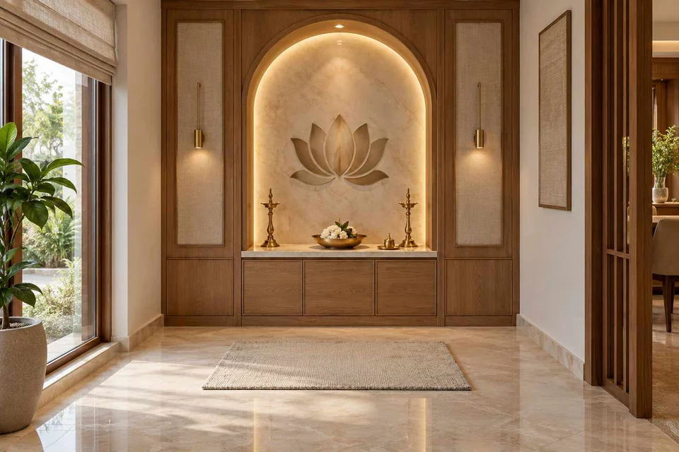 AI-generated puja room design concept: arched wall recess, quiet transitional direction
