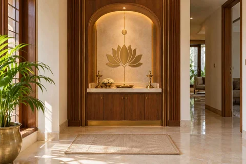 AI-generated puja room design concept: arched wall recess, rosewood brass direction