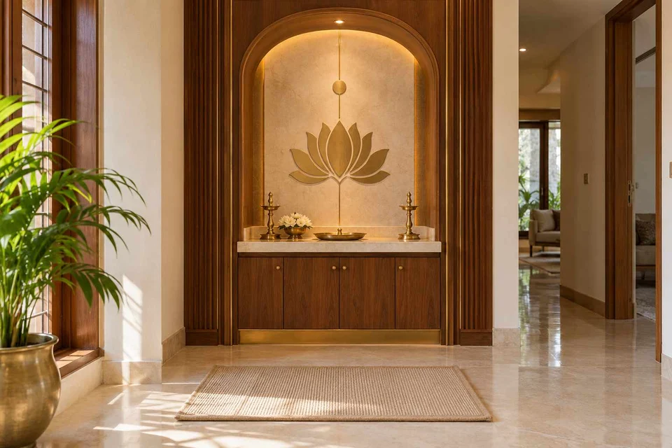 AI-generated puja room design concept: arched wall recess, rosewood brass direction