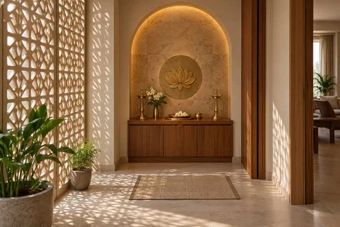 AI-generated puja room design concept: arched wall recess, sandstone lattice direction