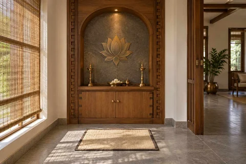 AI-generated puja room design concept: arched wall recess, teak craft direction
