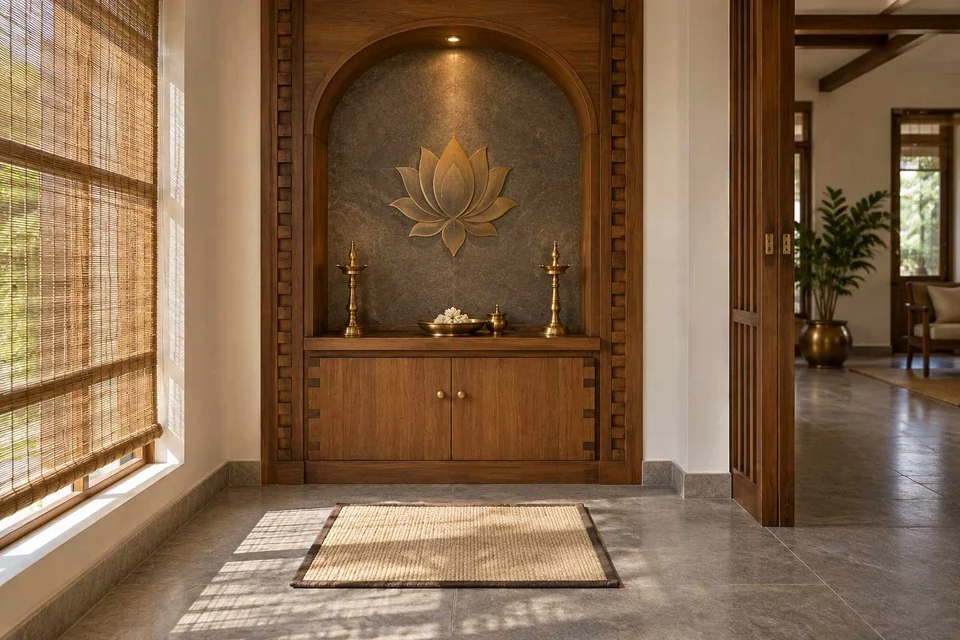 AI-generated puja room design concept: arched wall recess, teak craft direction