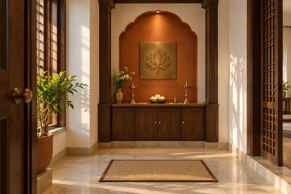 AI-generated puja room design concept: arched wall recess, terracotta heritage direction