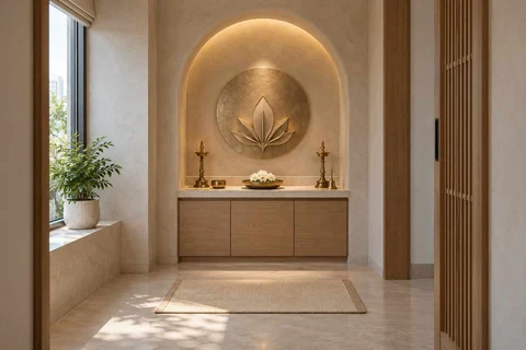 AI-generated puja room design concept: arched wall recess, textured mineral direction