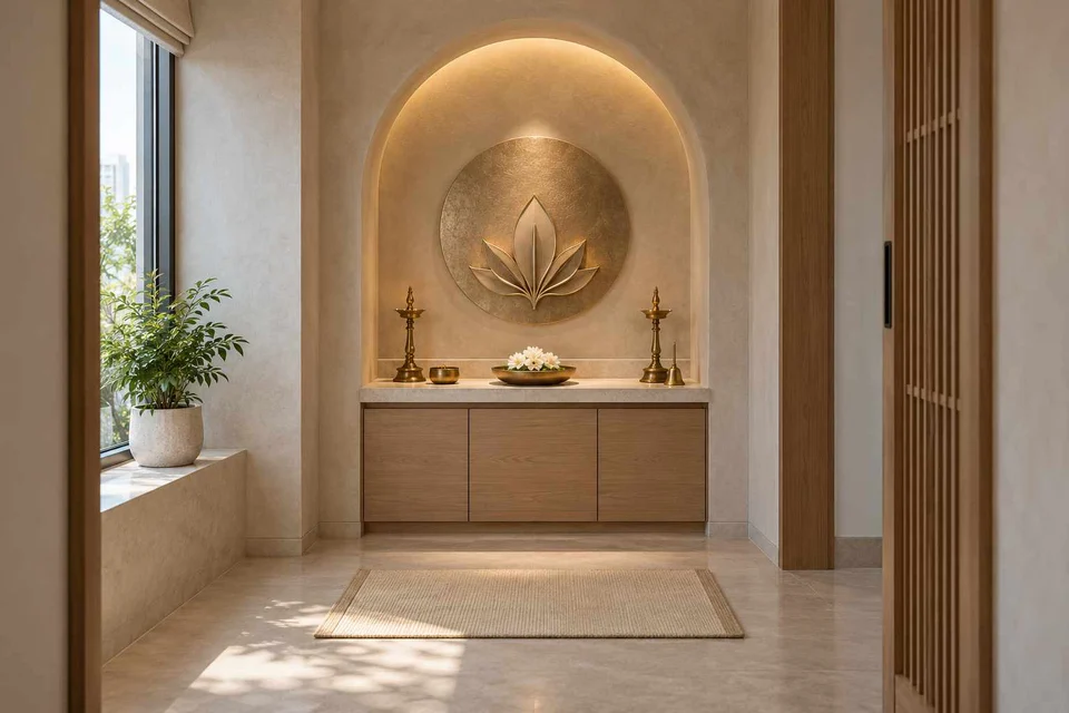 AI-generated puja room design concept: arched wall recess, textured mineral direction