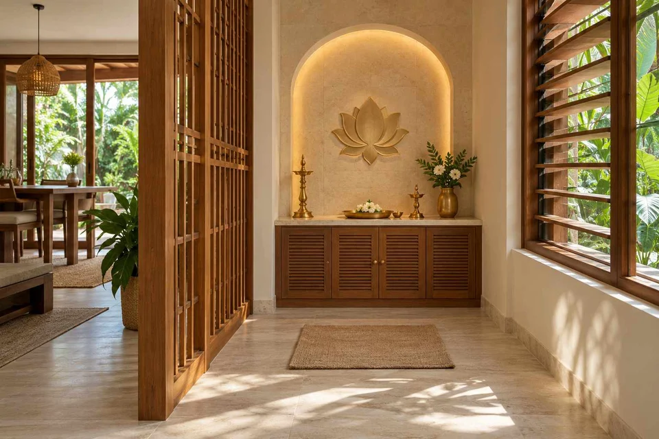 AI-generated puja room design concept: arched wall recess, tropical slatted direction