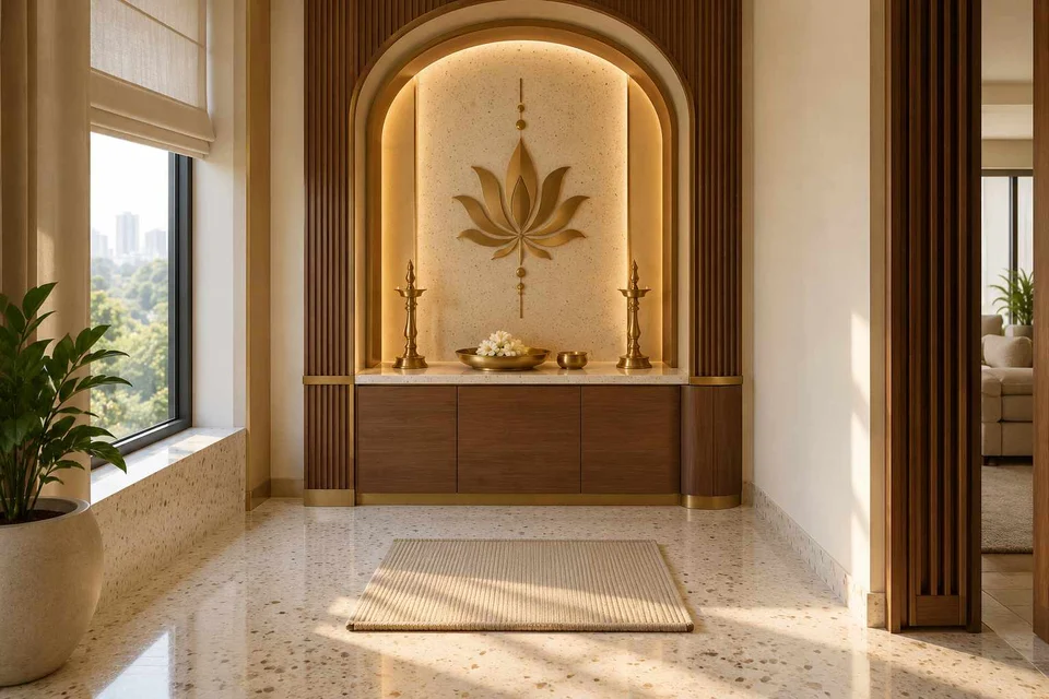 AI-generated puja room design concept: arched wall recess, urban deco direction