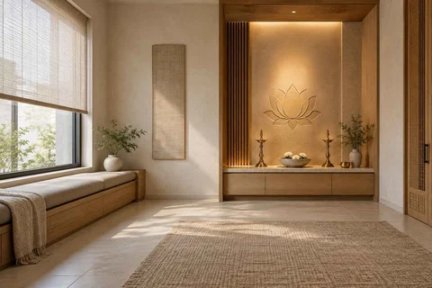 AI-generated puja room design concept: asymmetric prayer studio, ash and linen direction