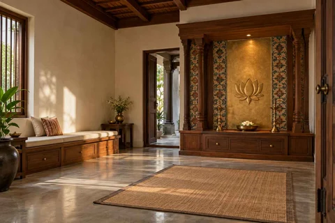 AI-generated puja room design concept: asymmetric prayer studio, chettinad tile direction