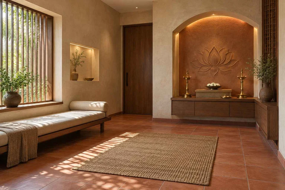 AI-generated puja room design concept: asymmetric prayer studio, clay artisan direction