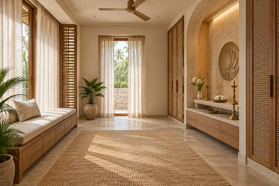 AI-generated puja room design concept: asymmetric prayer studio, coastal woven direction