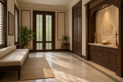 AI-generated puja room design concept: asymmetric prayer studio, colonial quiet direction